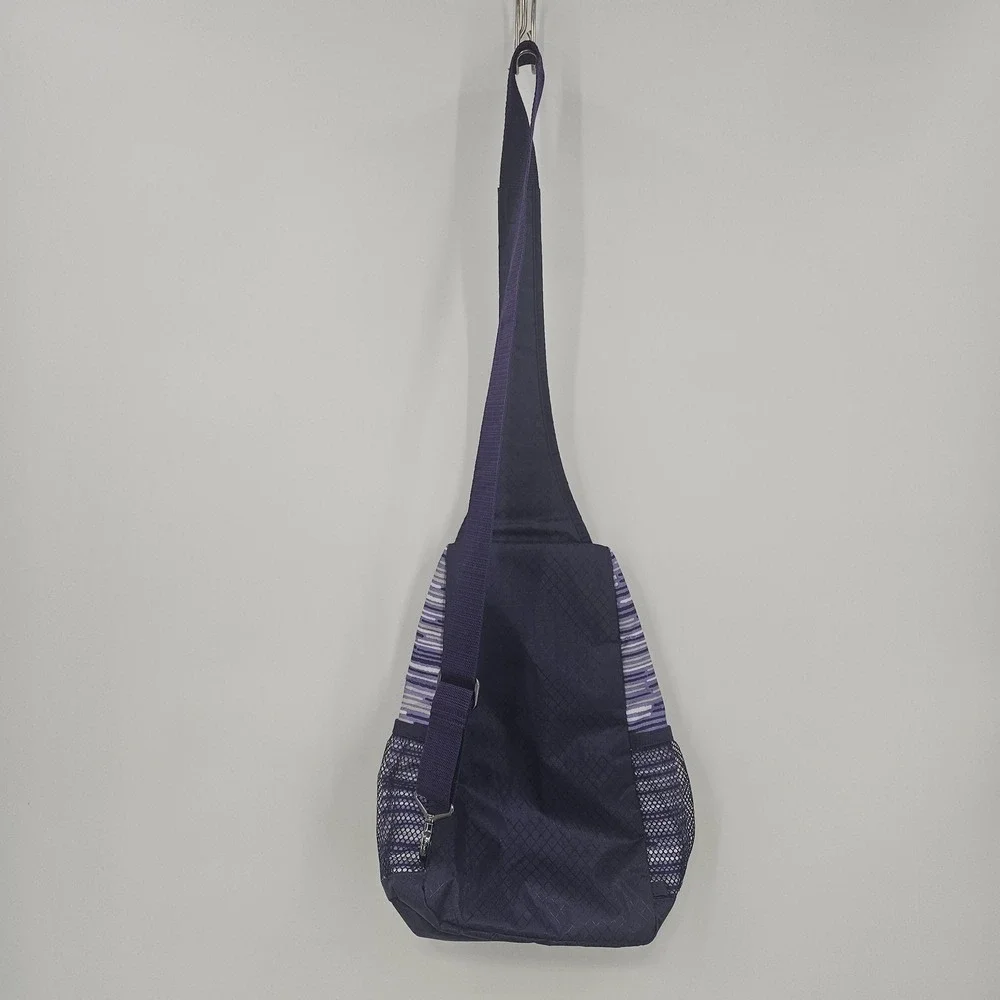 Thirty-One Sling Backpack‎ Bag Purple Stripe Crossbody Zip Pockets Travel
